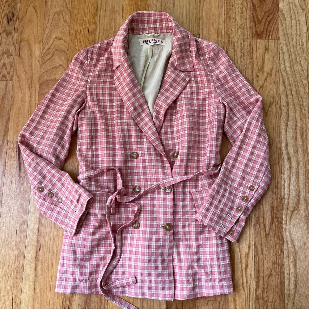 Free People Pink Plaid Double-Breasted Blazer